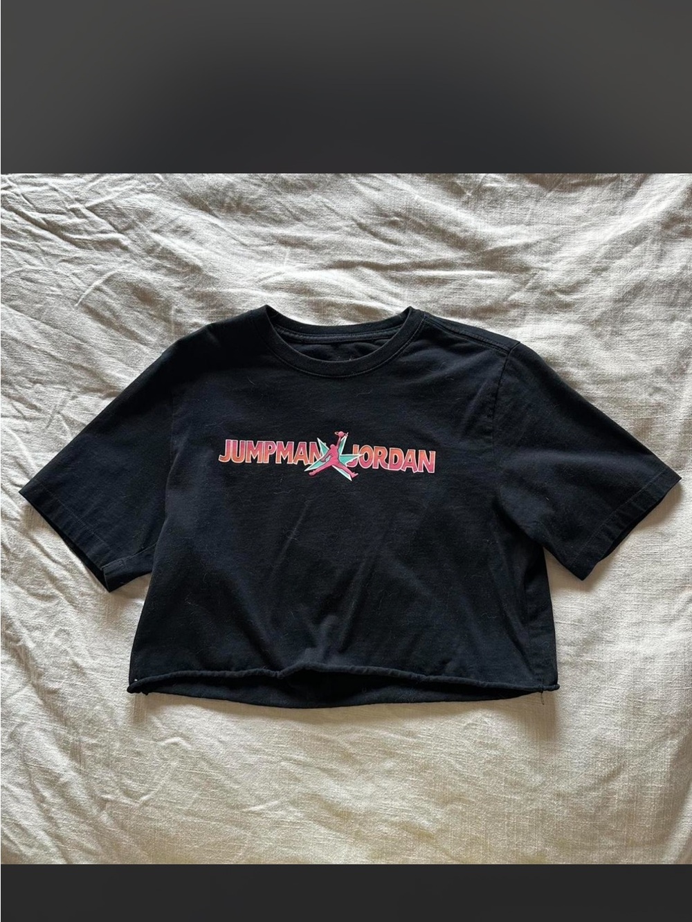 Jordan Black Crop Tee with Pink and Teal Jumpman Graphic